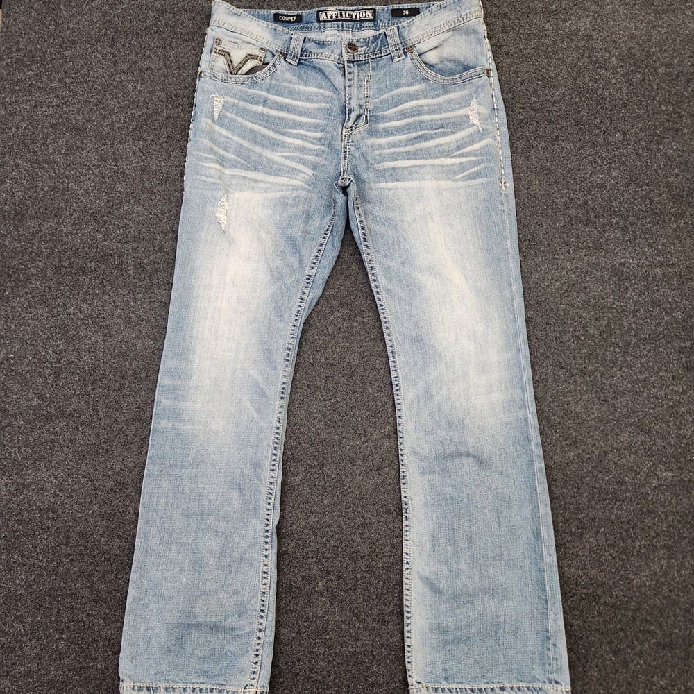 Affliction Cooper Mens Relaxed Straight Jeans Light Wash Distressed Blue Size 36